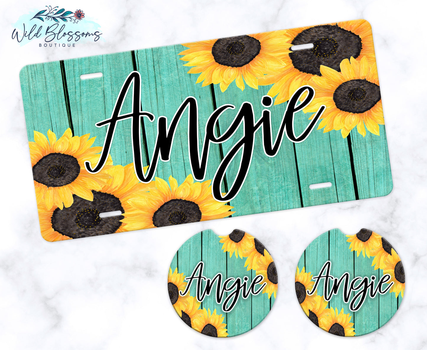 Teal Wooden Sunflower Car Coasters