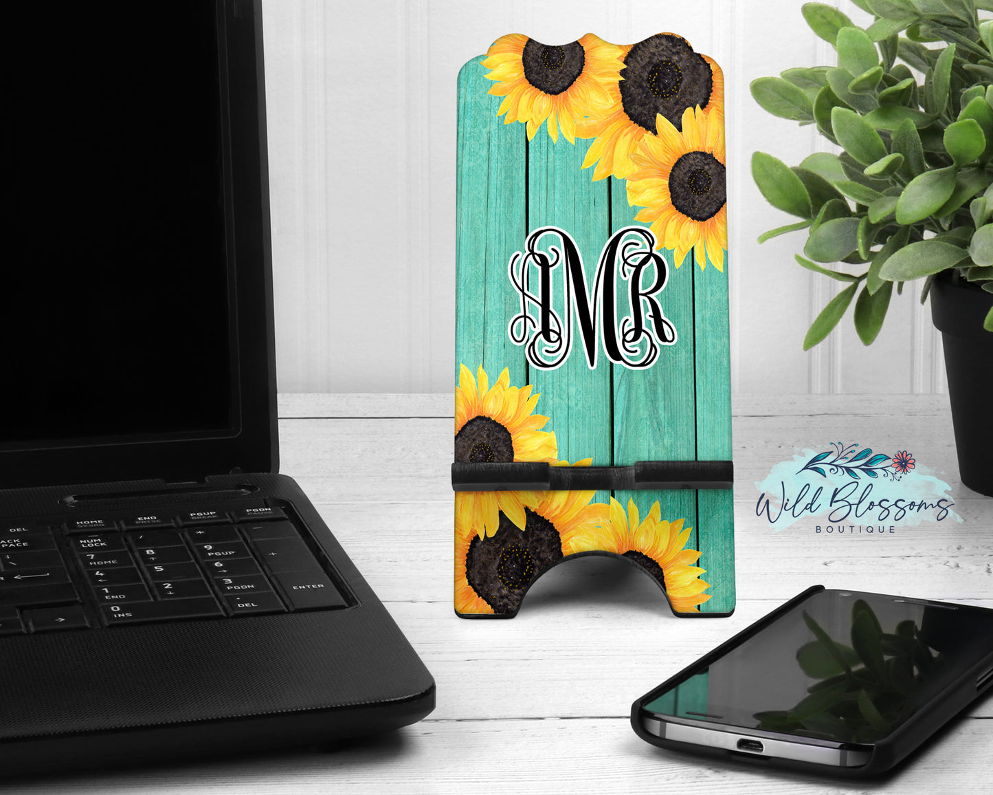Teal Wooden Sunflower Personalized Mouse Pad And Coaster Desk Set