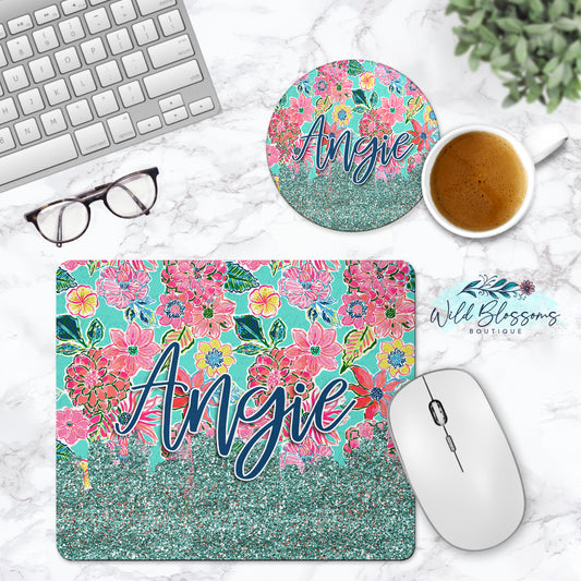 Tropical Floral And Glitter Look Personalized Mouse Pad And Coaster Desk Set