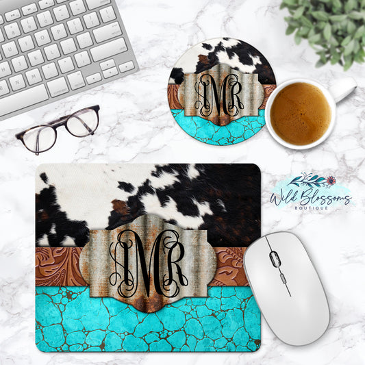 Cow Print and Turquoise Personalized Mouse Pad And Coaster Desk Set