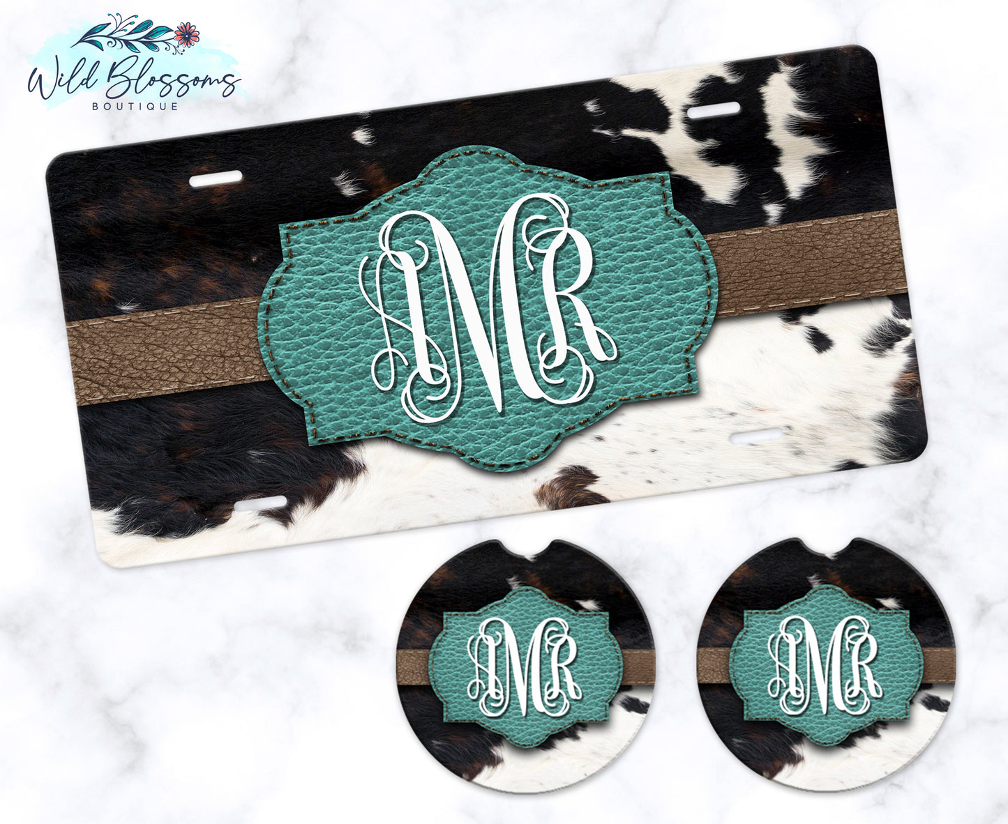 Turquoise Cow Print Car Coasters