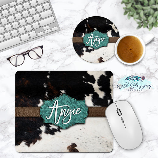 Turquoise Cow Print Personalized Mouse Pad And Coaster Desk Set