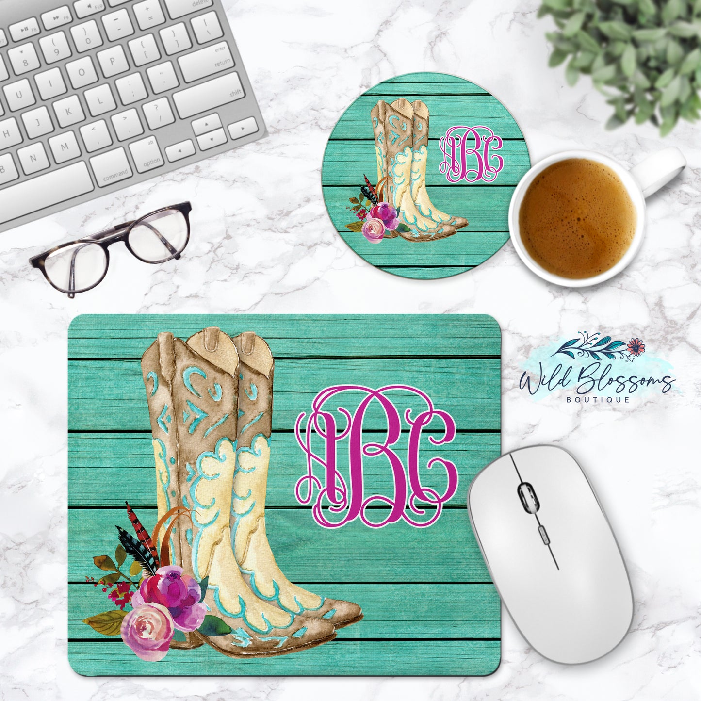 Turquoise Wooden Cowboy Boot Personalized Mouse Pad And Coaster Desk Set