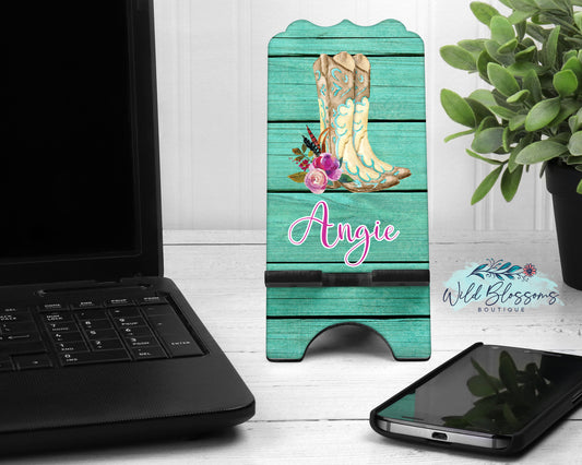 Turquoise Wooden Cowboy Boot Phone Stand