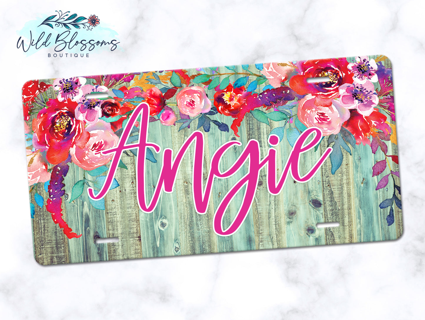 Wooden Turquoise Floral License Plate