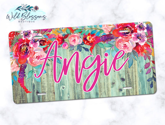 Wooden Turquoise Floral License Plate