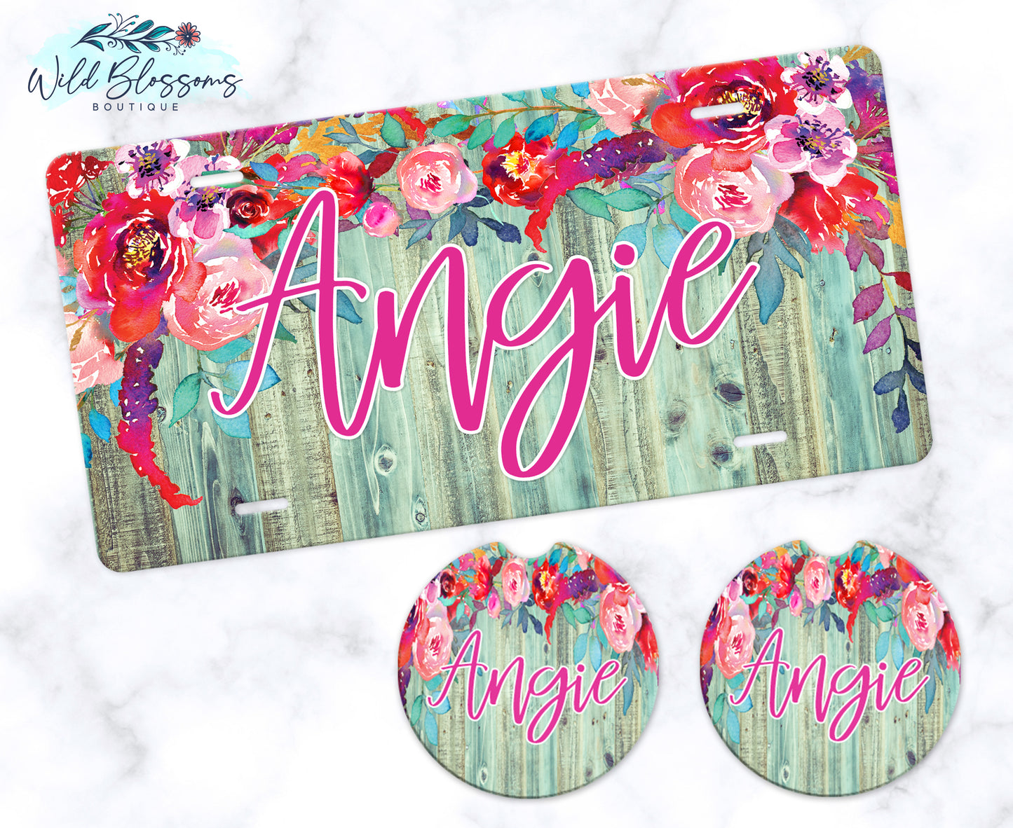 Wooden Turquoise Floral License Plate