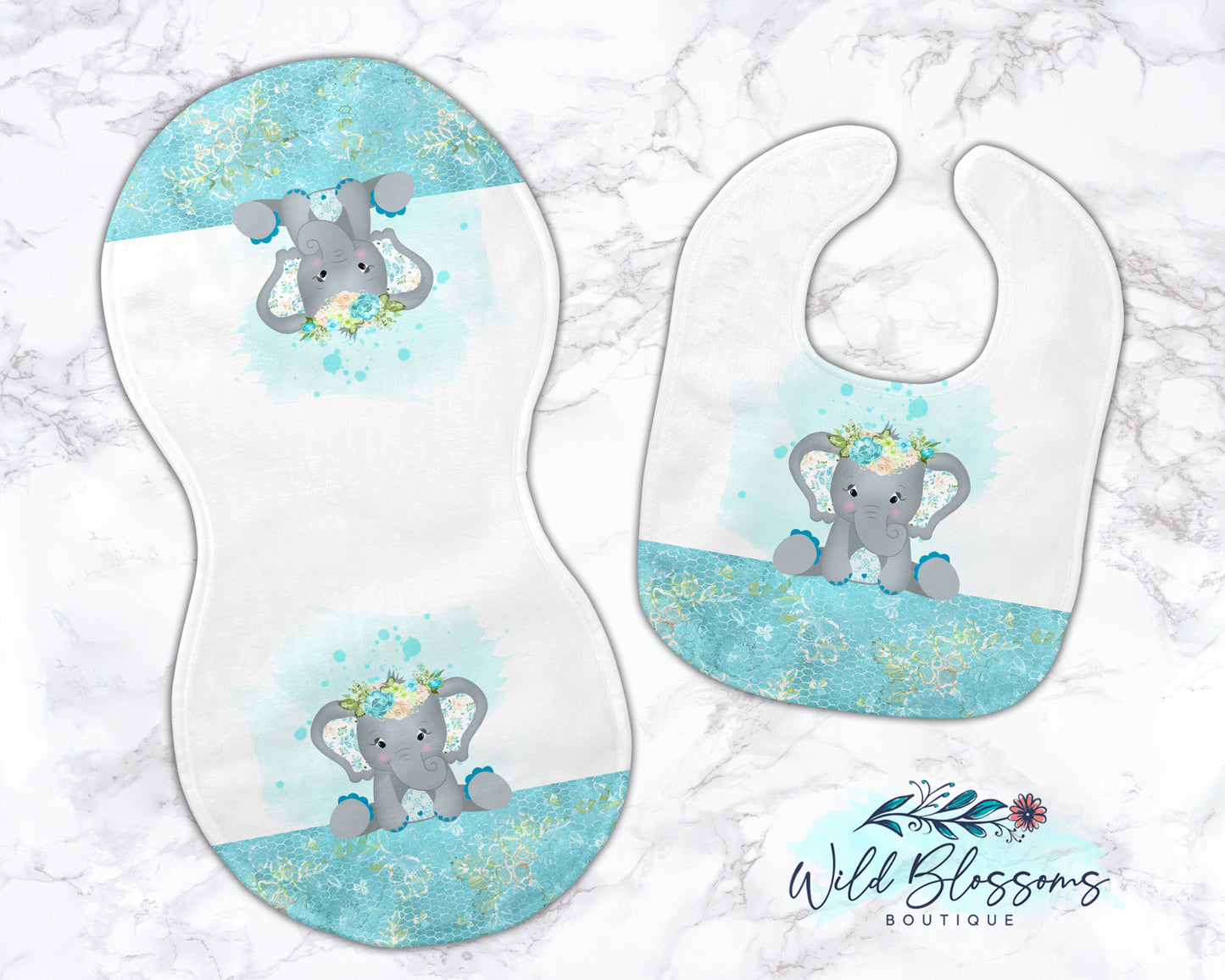 Teal Elephant Baby Bib And Burp Cloth Set