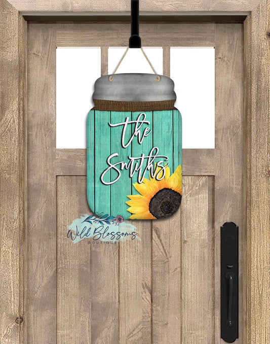 Teal Wooden Sunflower Mason Jar Door Hanger