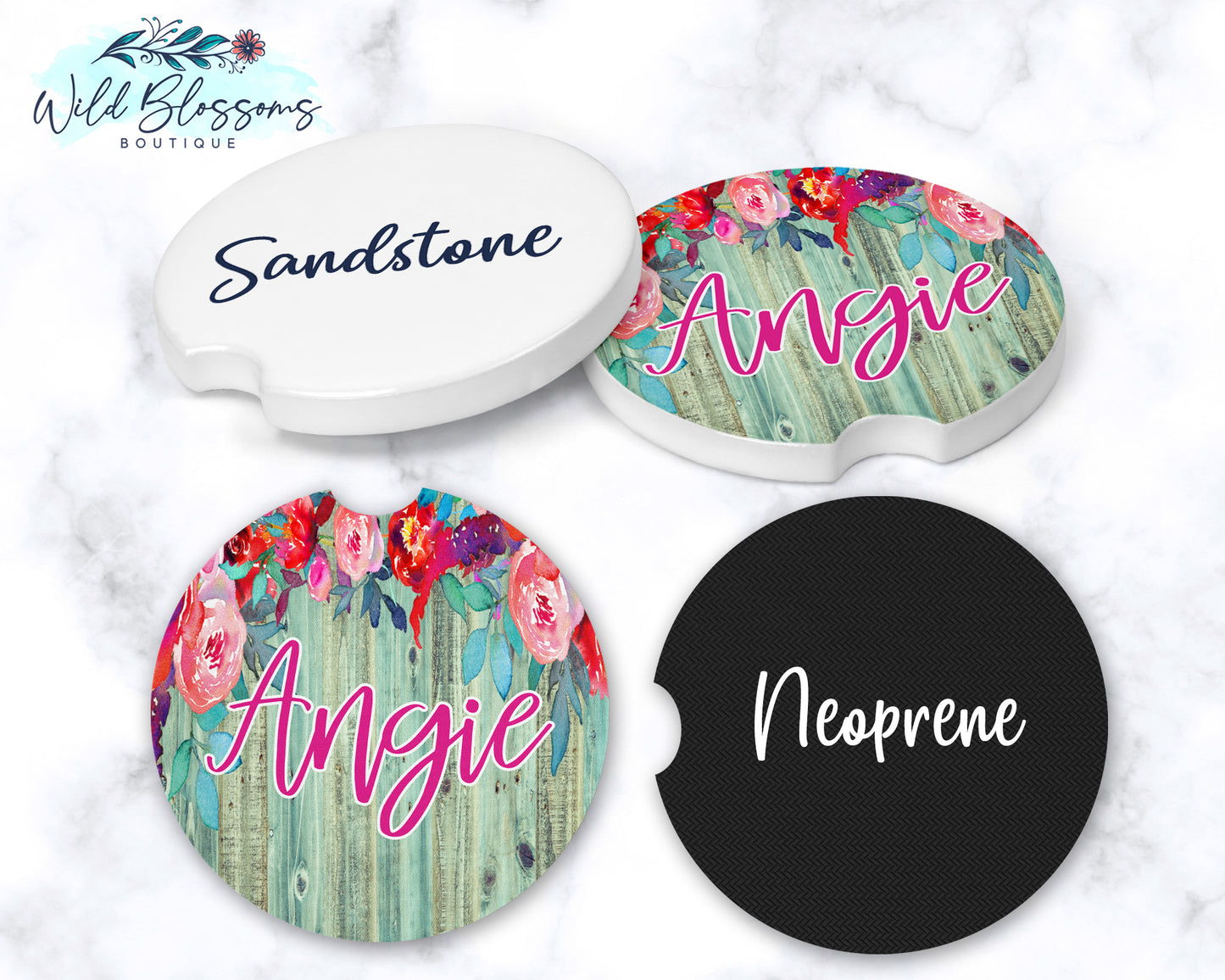 Wooden Turquoise Floral Car Coasters