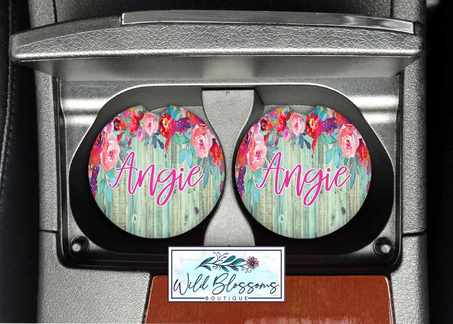 Wooden Turquoise Floral Car Coasters