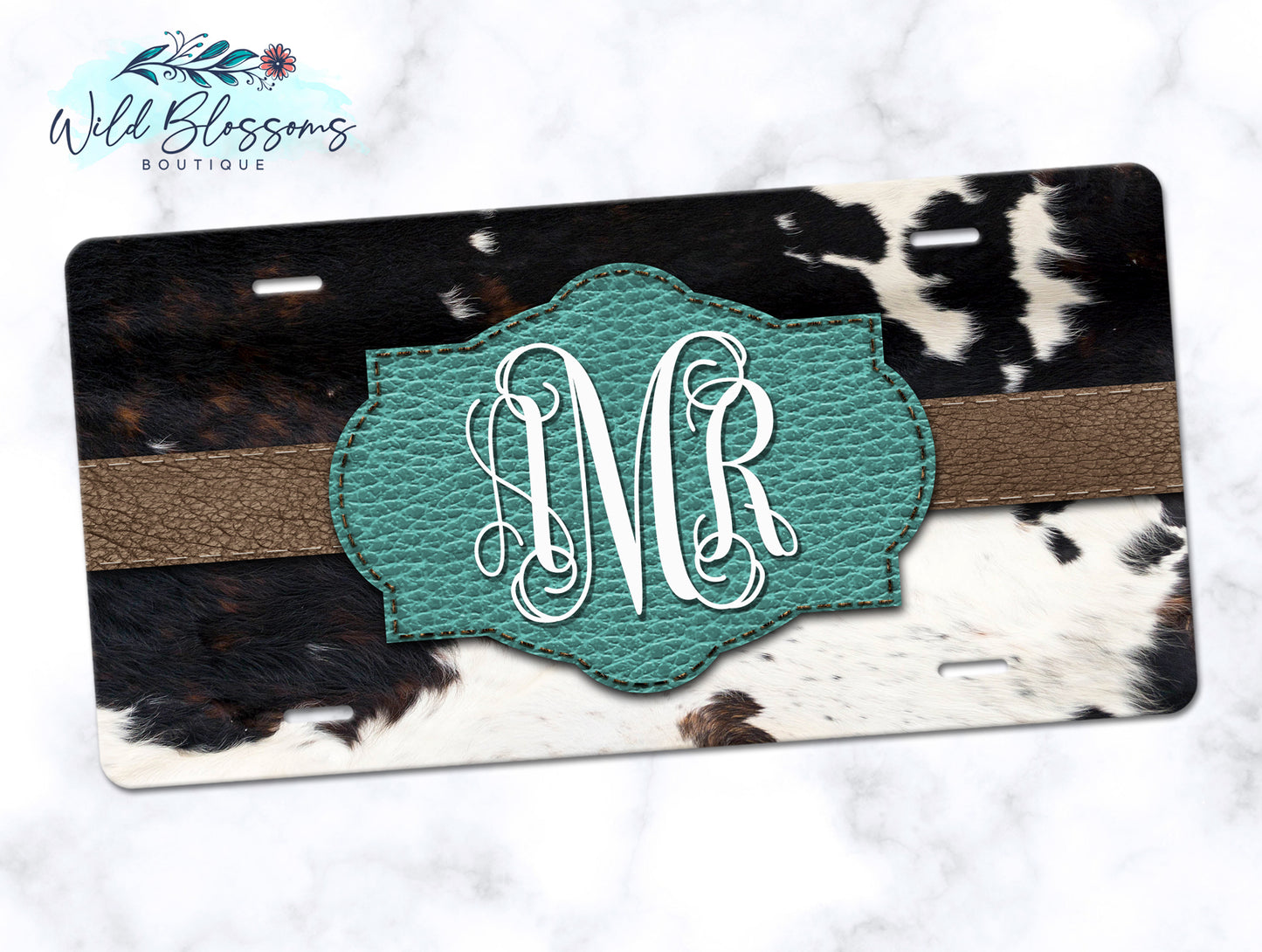 Turquoise Cow Print License Plate