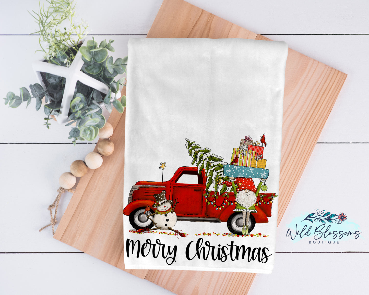 Christmas Gnome Vintage Red Truck Kitchen Towel