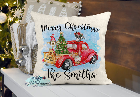 Personalized Vintage Red Truck Christmas Critters Pillow