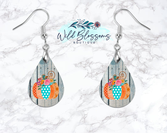 Wooden Fall Floral Patchwork Pumpkin Drop Earrings