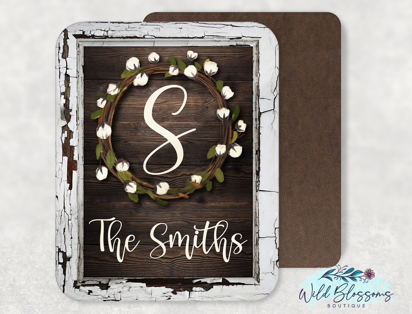 Wooden Frame And Cotton Wreath Family Name Sign