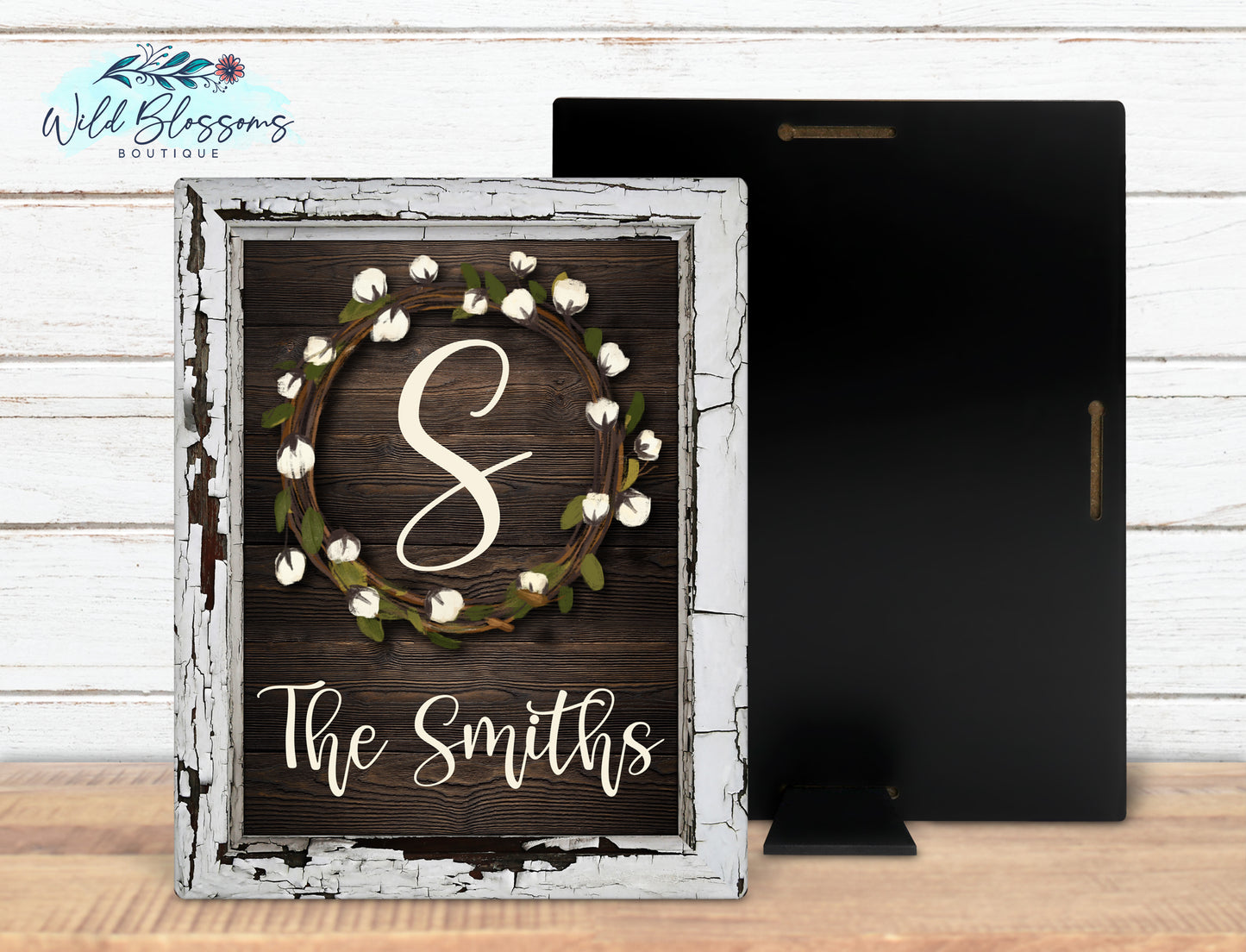 Wooden Frame And Cotton Wreath Family Name Sign