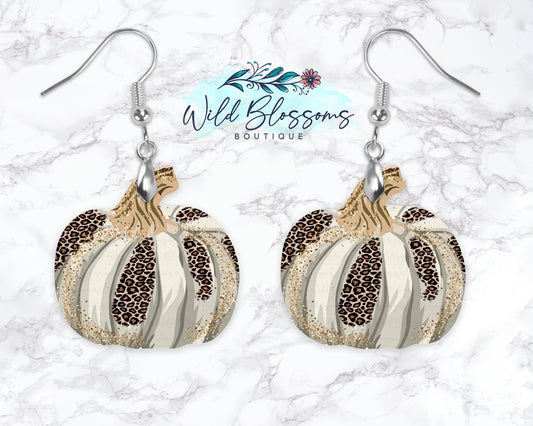 White Leopard Print Fall Pumpkin Drop Earrings
