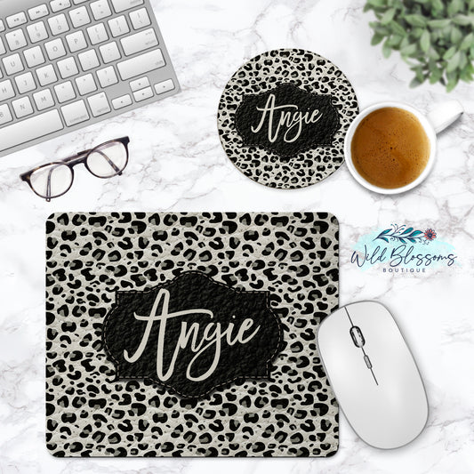 White Leopard Print Personalized Mouse Pad And Coaster Desk Set
