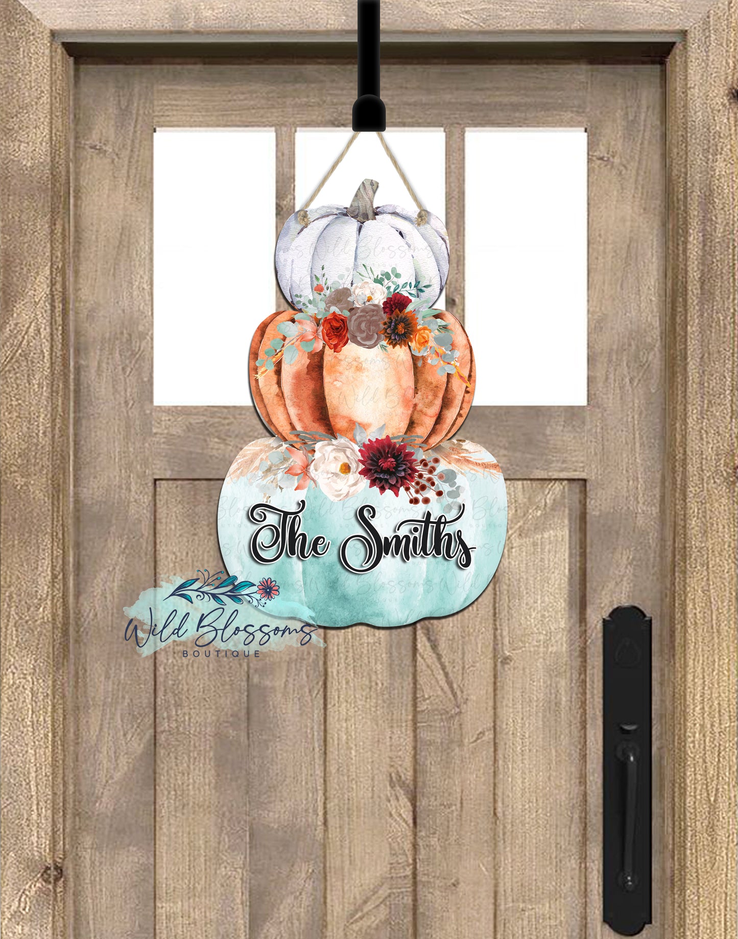 White Orange And Teal Floral Stacked Pumpkin Door Hanger