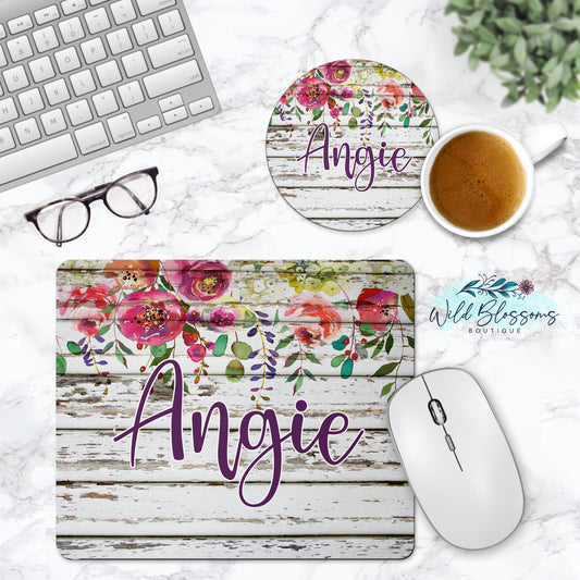 White Wooden Floral Personalized Mouse Pad And Coaster Desk Set