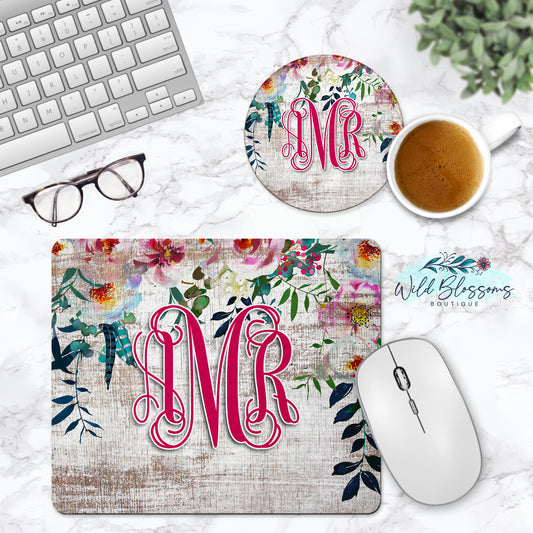 White Wooden Peony Floral Personalized Mouse Pad And Coaster Desk Set