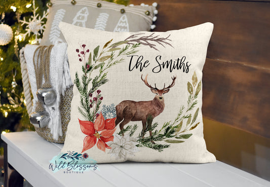 Personalized Winter Deer Floral Wreath Pillow