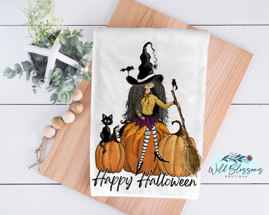 Halloween Witch On Pumpkins Kitchen Towel