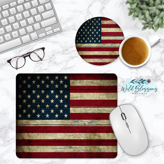 Wooden American Flag Personalized Mouse Pad And Coaster Desk Set