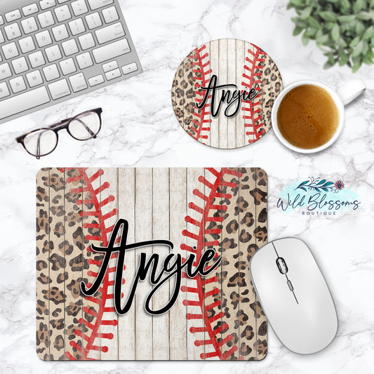 Wooden Baseball And Leopard Print Personalized Mouse Pad And Coaster Desk Set