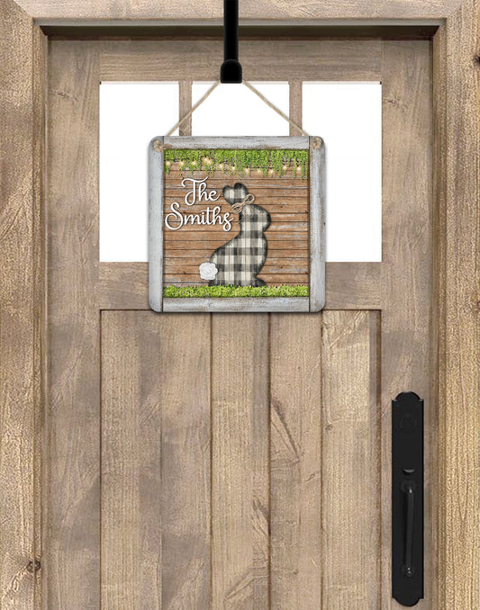 Wooden Buffalo Plaid Easter Bunny Square Door Hanger