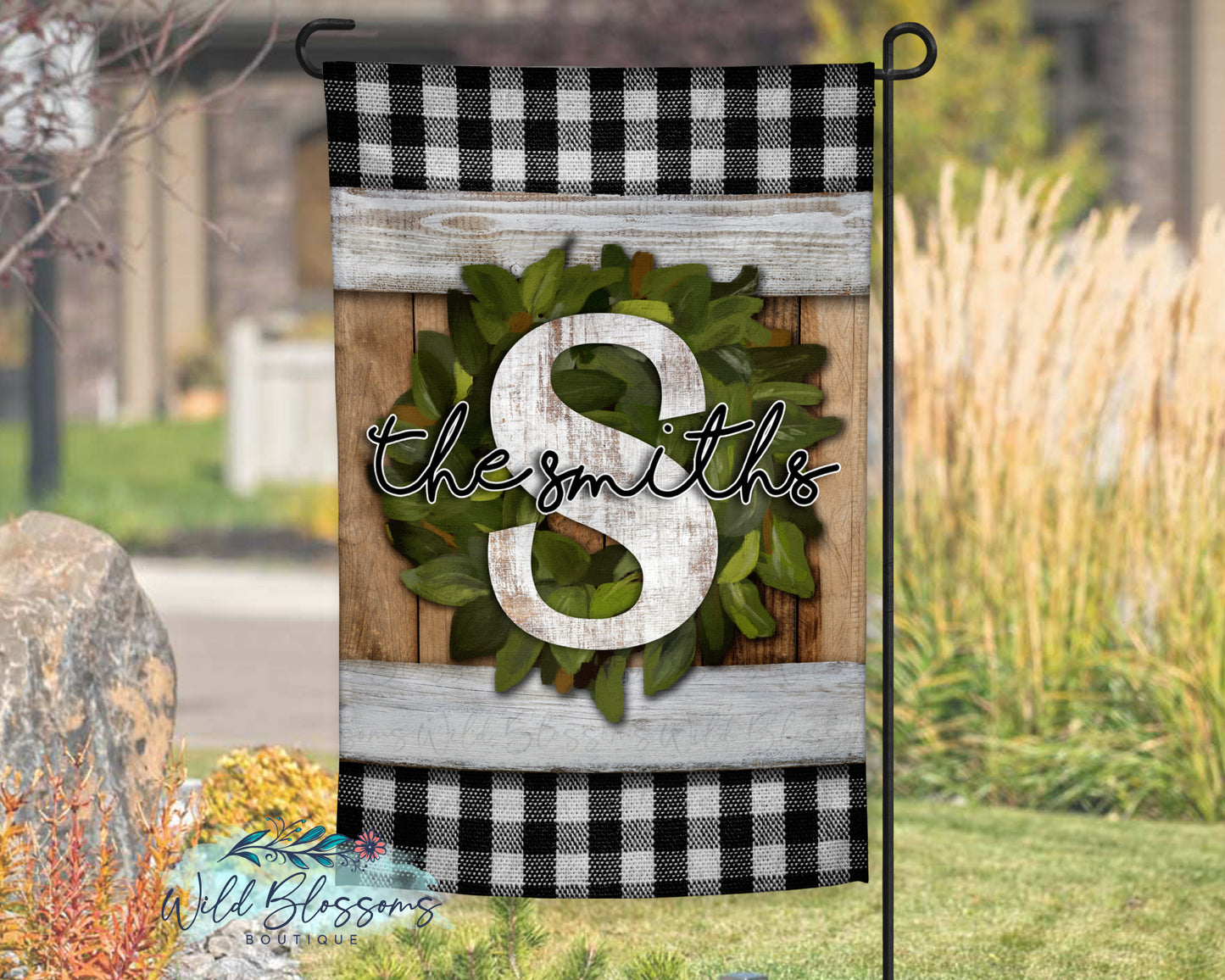 Wooden Buffalo Plaid Magnolia Wreath Garden Flag