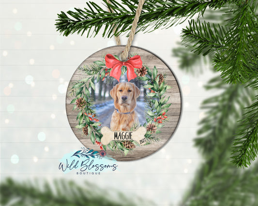 Round Wooden Floral Dog Photo Ornament