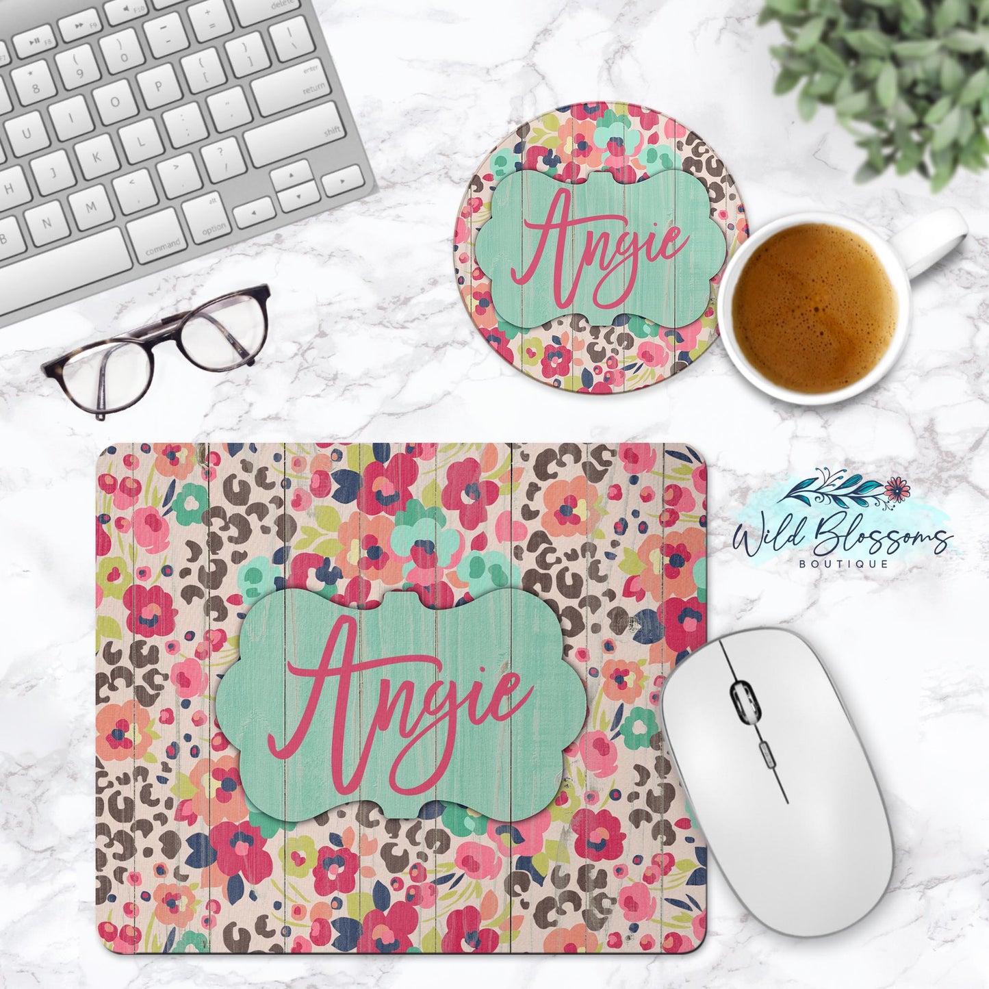 Wooden Floral Leopard Print Personalized Mouse Pad And Coaster Desk Set