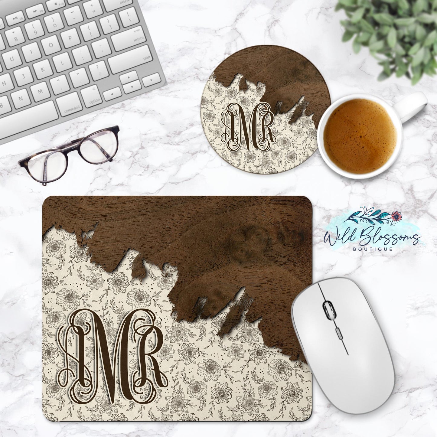Wooden Floral Personalized Mouse Pad And Coaster Desk Set