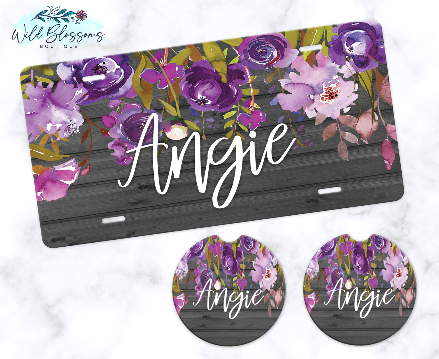Wooden Grey And Purple Floral License Plate