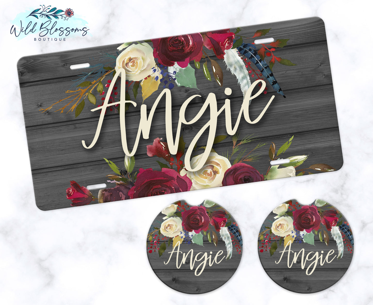 Wooden Grey And Red Floral License Plate