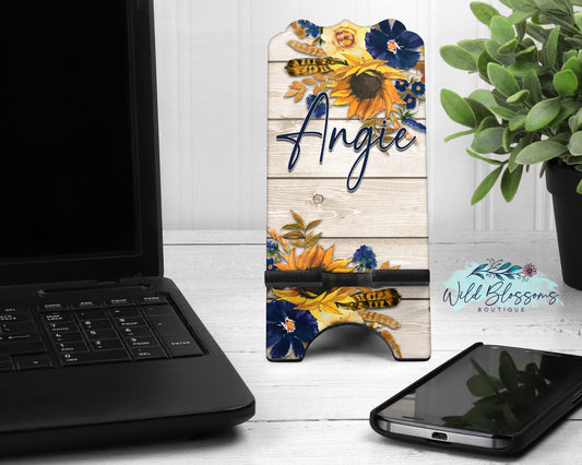 Wooden Navy Sunflower Floral Phone Stand