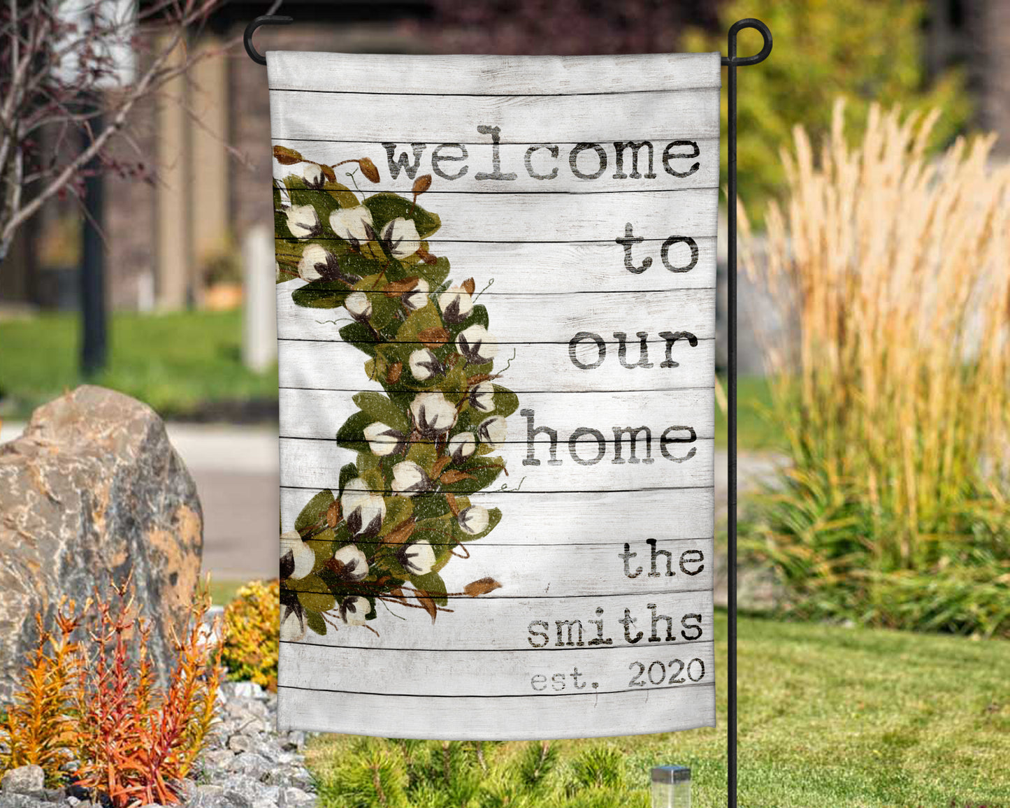 Wooden Shiplap Cotton Wreath Garden Flag