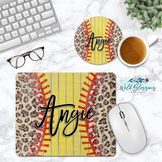 Wooden Softball And Leopard Print Personalized Mouse Pad And Coaster Desk Set