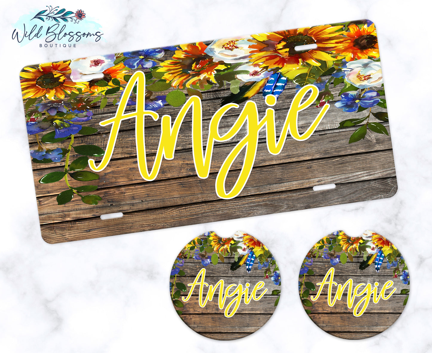 Wooden Sunflower Floral License Plate