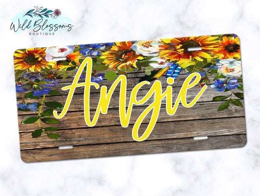 Wooden Sunflower Floral License Plate