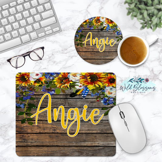 Wooden Sunflower Floral Personalized Mouse Pad And Coaster Desk Set
