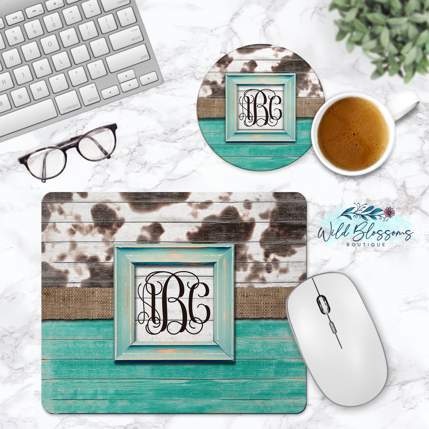 Wooden Turquoise And Cow Print Personalized Mouse Pad And Coaster Desk Set