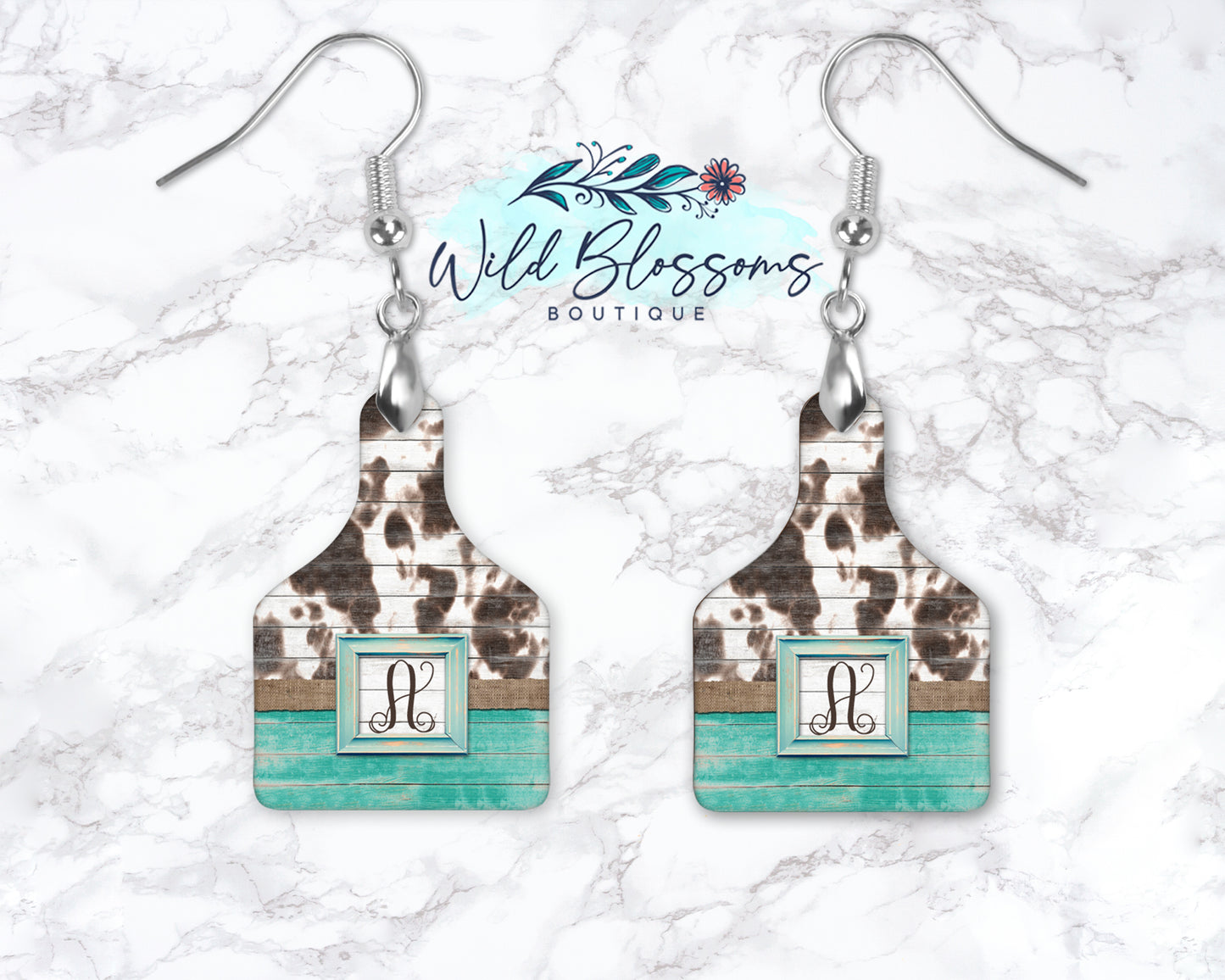 Wooden Turquoise Cow Print Drop Earrings