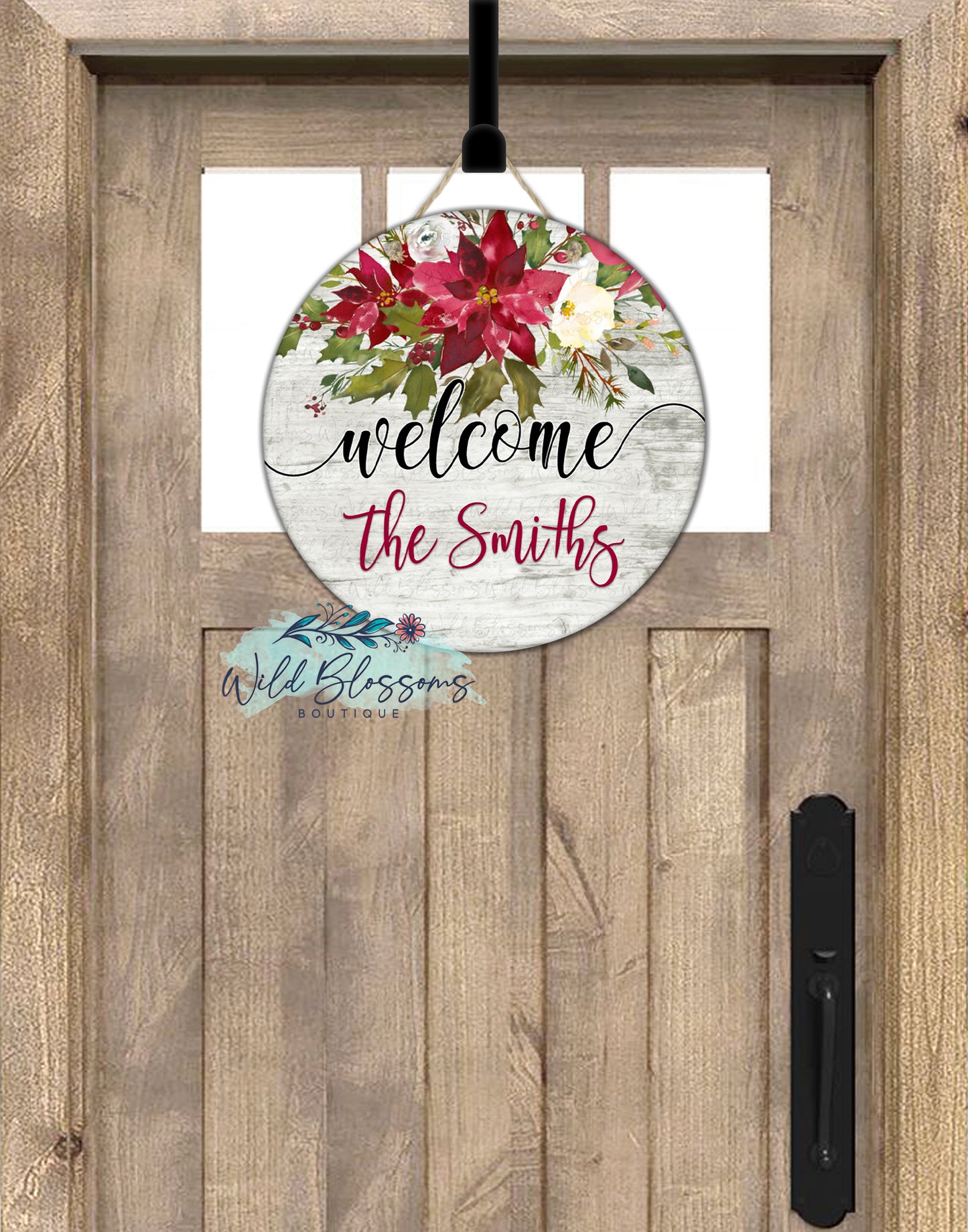 Wooden Floral Poinsettia Welcome Round Door Hanger