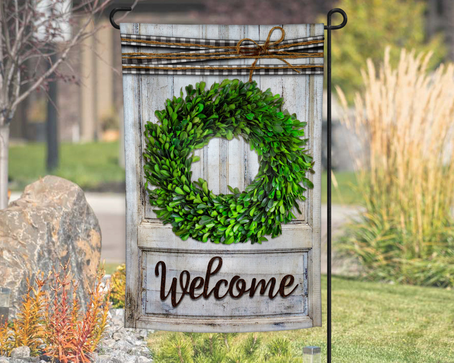 Rustic Boxwood Wreath Wooden Door Garden Flag