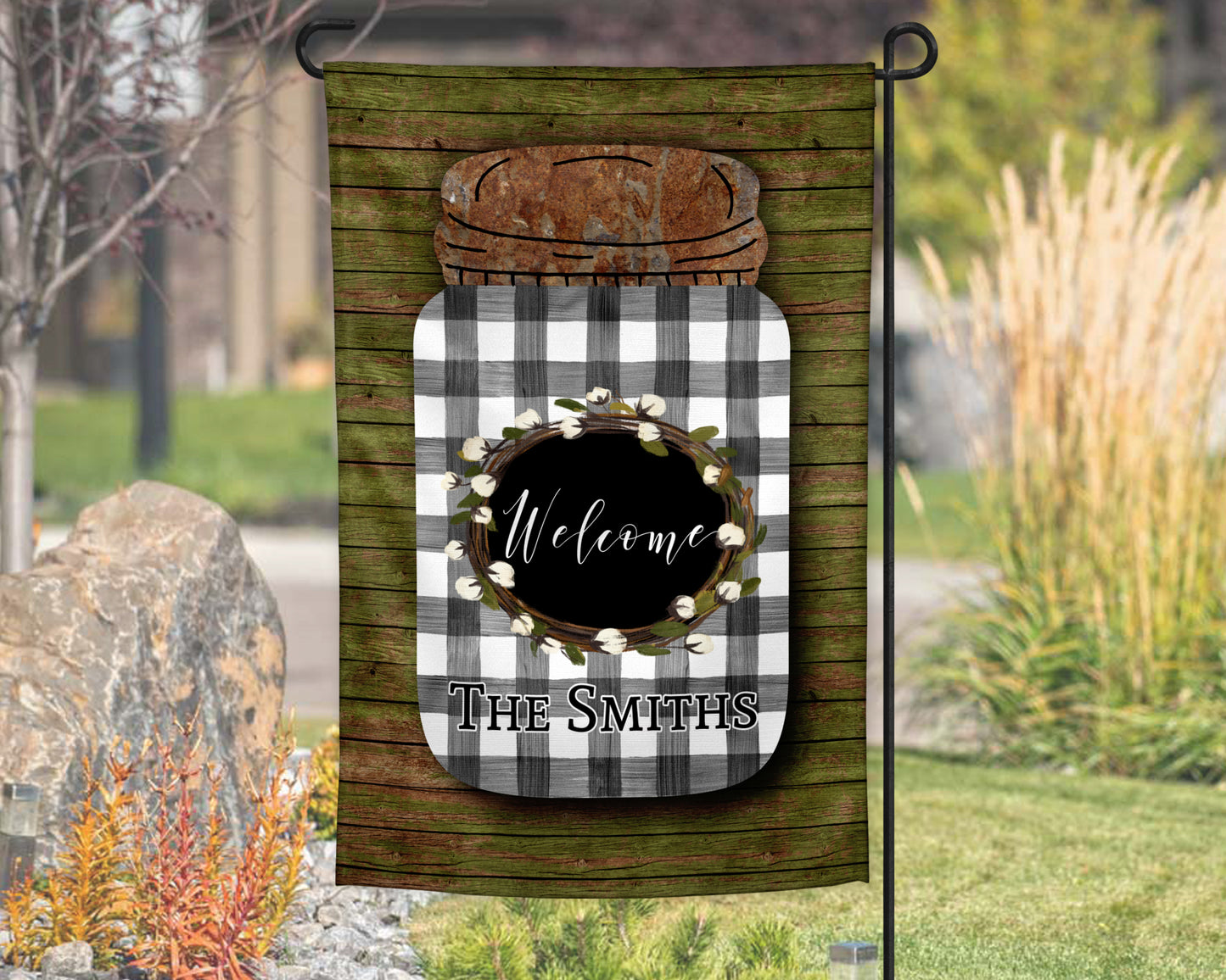 Buffalo Plaid Cotton Wreath Mason Jar Garden Flag