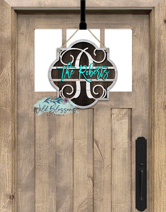 White Shiplap Split Monogram Quatrefoil Door Hanger