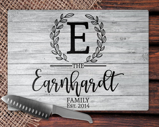 White Wooden Family Name Glass Cutting Board